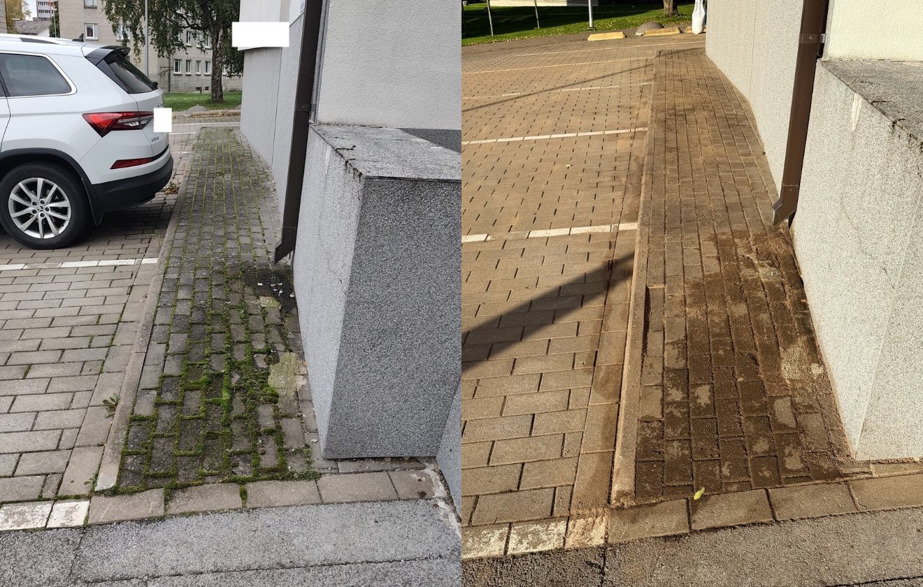 Tänavakivid maja ja parkla vahel enne ja pärast puhastust: sammal vuukidest eemaldatud