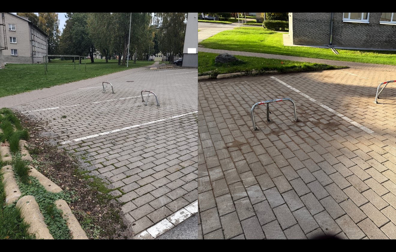 Parkla tänavakivid enne ja pärast puhastust harjamasinaga