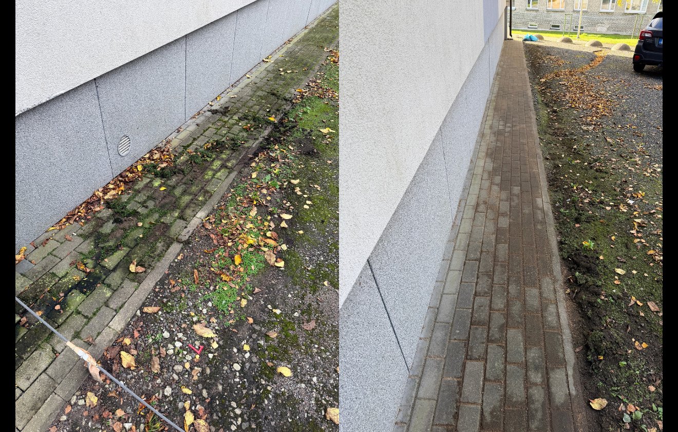 Sammaldunud kõnnitee maja seina ääres enne ja pärast puhastust